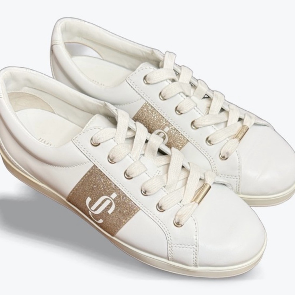 Jimmy Choo Cash low-top White Gold Glitter logo women’s Sneakers size 40/ US10